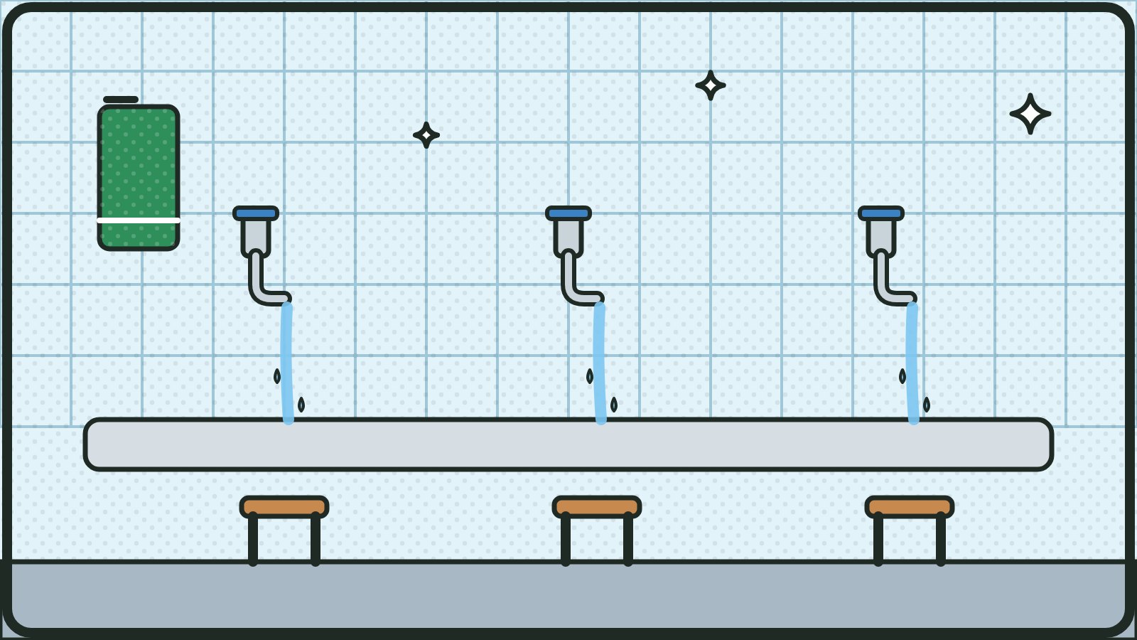 Drawing: an ablution area with three taps, stools and a towel