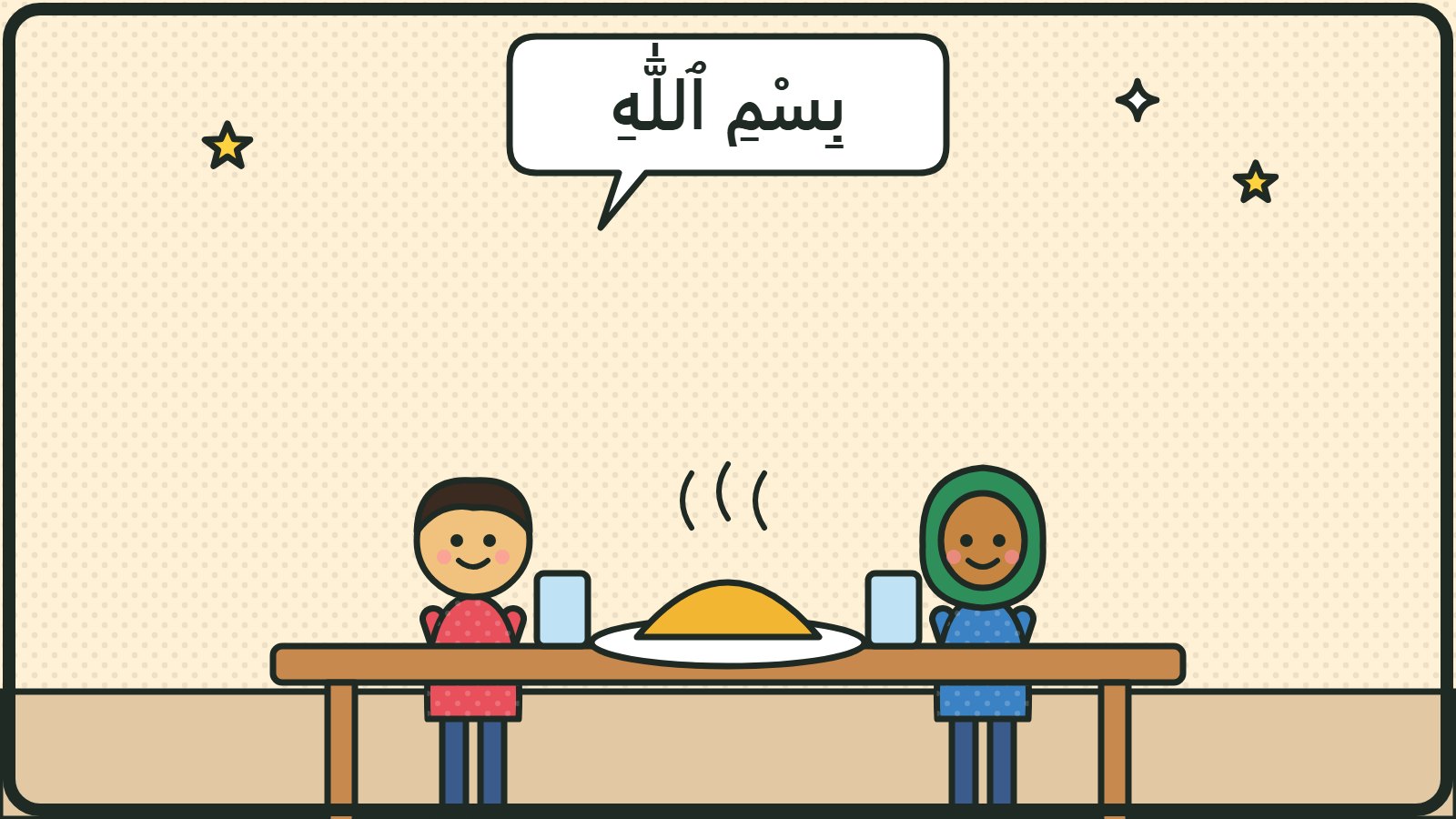 Comic: Zwei Kinder am Esstisch, darüber eine Sprechblase mit „Bismillah“ auf Arabisch