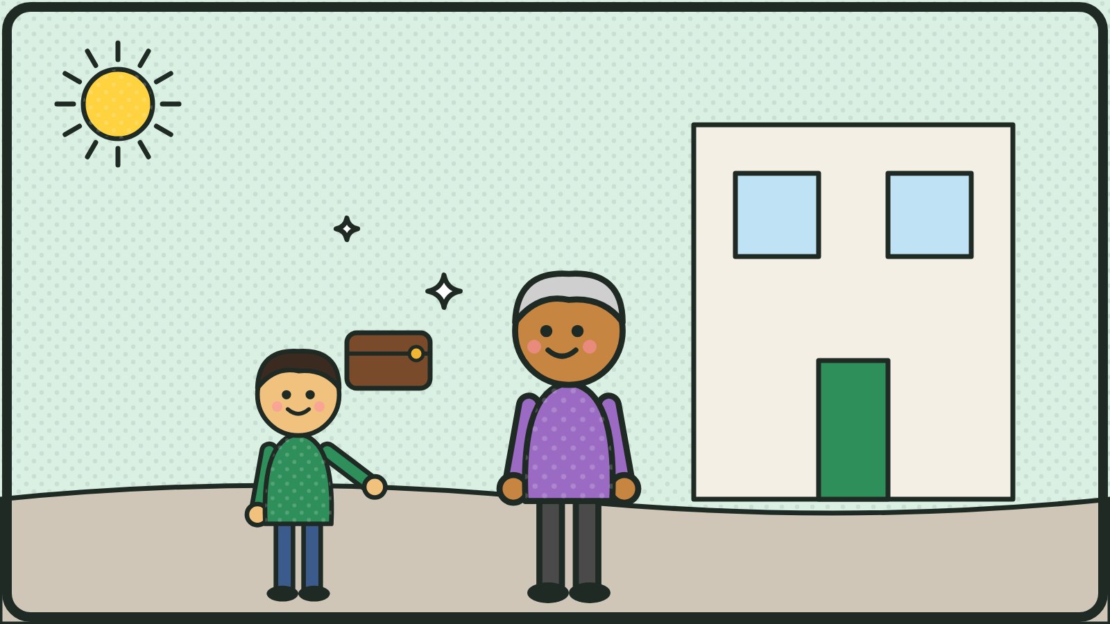 Comic: Ein Junge gibt einem älteren Mann eine gefundene Geldbörse zurück