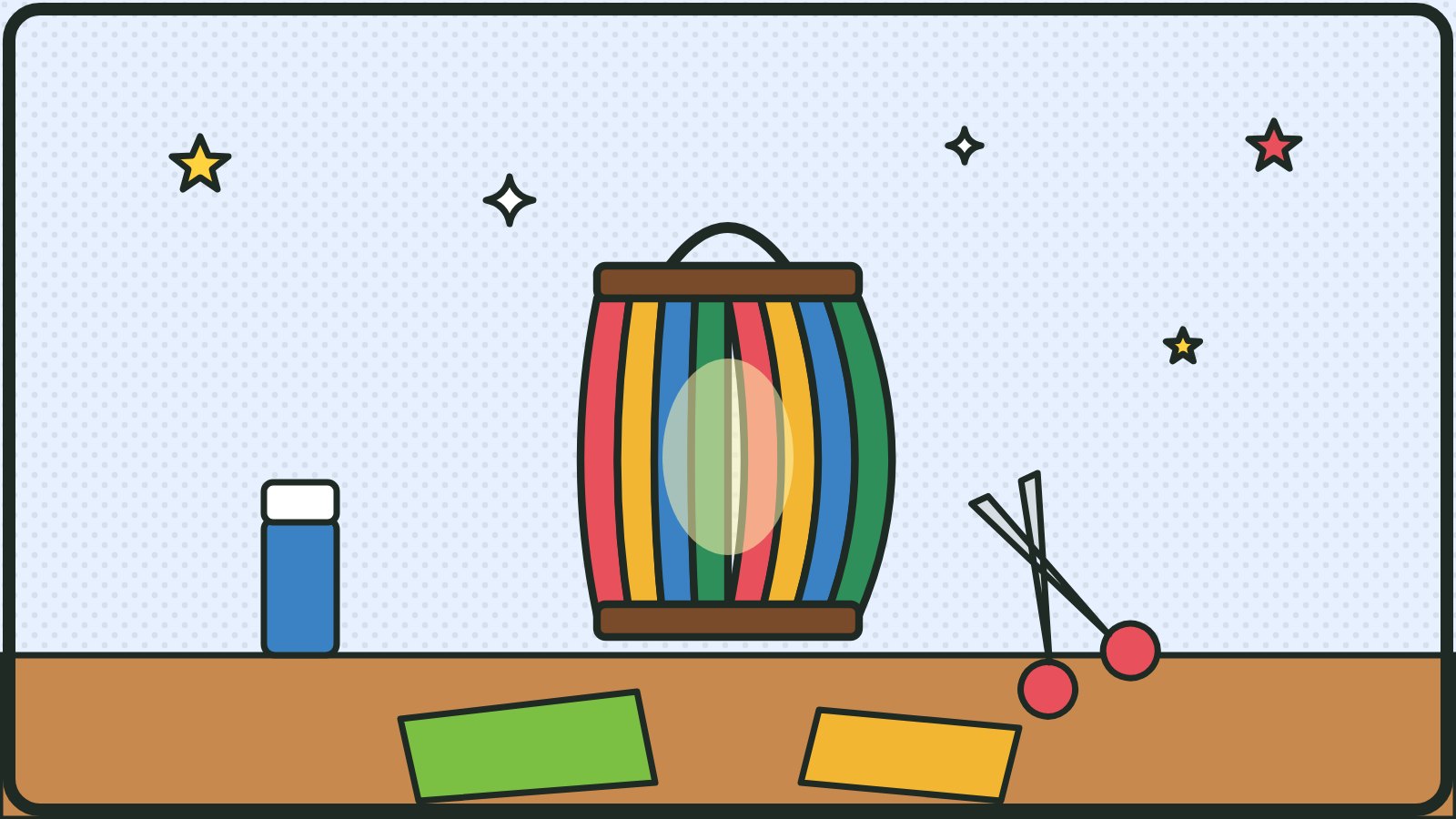 Comic: eine bunte Papierlaterne mit Schere, Kleber und Papier