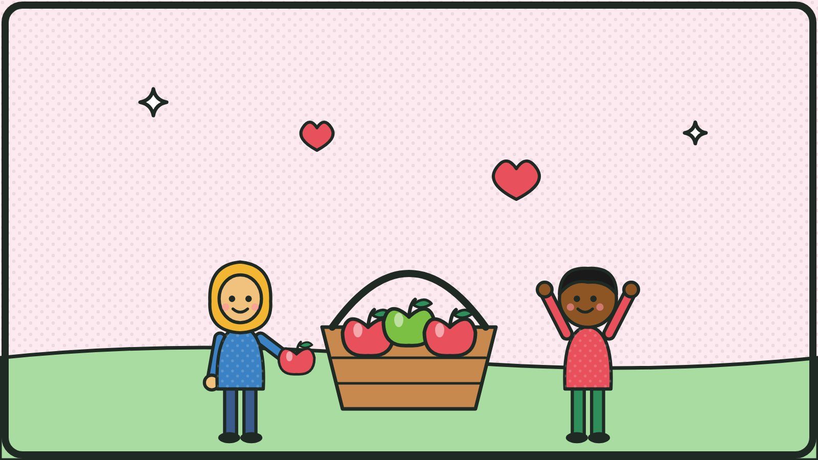 Comic: Ein Mädchen gibt einem Jungen einen Apfel aus einem Korb